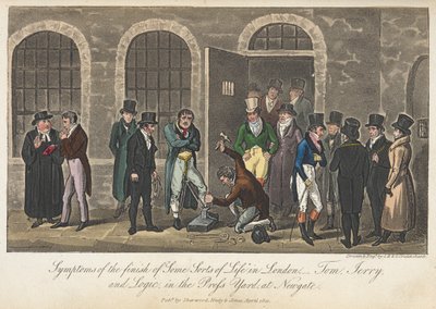 Příznaky konce „některých druhů života“ – Tom, Jerry & Logic v Press Yardu v Newgate, „Life in London atd.“, Pierce Egan od George Cruikshank