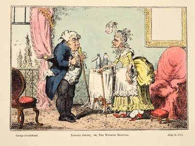 Tabitha Gruntová; nebo The Walking Hospital, hospoda. 1813 (ručně kolorovaná rytina) od George Cruikshank
