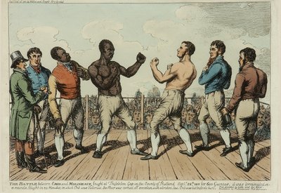 Bitva mezi Cribbem a Molineauxem (barevný lept) od George Cruikshank