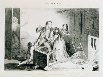 Láhev, Talíř VI, Strašné hádky a brutální násilí jsou přirozené důsledky častého používání láhve, 1847 od George Cruikshank
