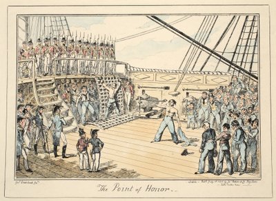 Bod cti, z nemocnice Greenwich, série námořních náčrtů, popis života válečného muže, hospoda. 1825 (ručně kolorovaná rytina) od George Cruikshank
