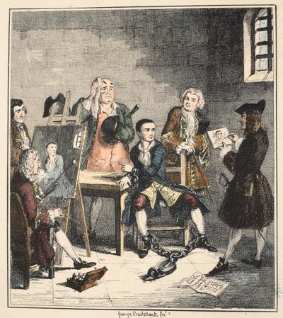 Portrét, ilustrace z Jack Sheppard: A Romance od Williama Harrisona Ainswortha, vydáno 1839 (ručně kolorovaný lept) od George Cruikshank