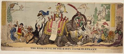 Zkouška aneb Baron a slon, satirický tisk na Kembleových propracovaných inscenacích v divadle Covent Garden zahrnující zvířata od George Cruikshank
