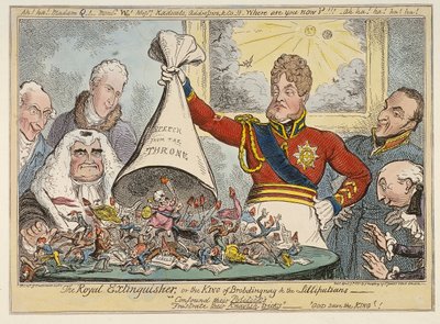„Královský hasicí přístroj nebo král Brobdingnagu a liliputánů“, 1821 od George Cruikshank