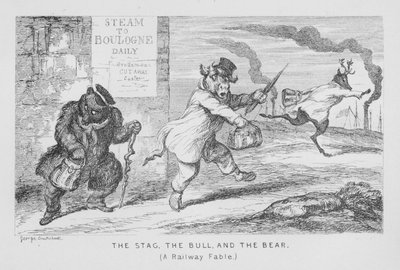 Jelen, býk a medvěd, železniční bajka (rytina) od George Cruikshank