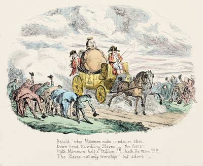 The Worship of Wealth, pub. 1834 (ručně kolorovaná rytina) od George Cruikshank