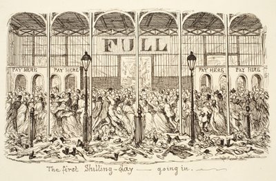 První šilinkový den - Vstup, hospoda. 1851 (rytina) od George Cruikshank