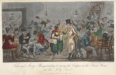 Tom a Jerry „Masquerading it“ mezi cadgery v „černých slumech“, ve Svaté zemi, „Life in London, atd.“, od Pierce Egana od George Cruikshank