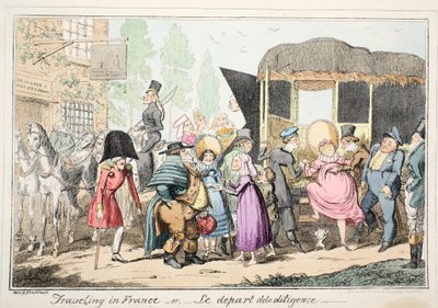 Cestování po Francii nebo Le Depart de la Diligence, hospoda. 1835 (ručně kolorovaný lept) od George Cruikshank