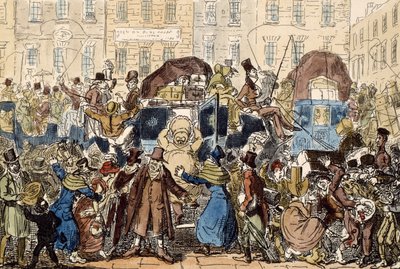 Cestování po Anglii aneb pohled ze sklepa u bílého koně, 1819 (ručně kolorovaný lept) od George Cruikshank