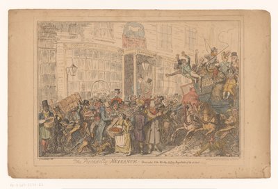 Verkeerschaos buiten hotel Old White Horse Cellar na Piccadilly Piccadilly Nuisance! Věnováno hodným, jednajícím magistrátům okresu (titul na předmětu) od George Cruikshank