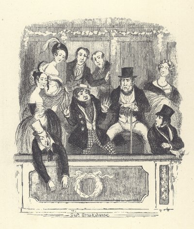 Viktoriánští diváci se shromažďují v lóži londýnského divadla (rytina) od George Cruikshank