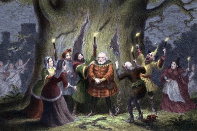 William Shakespeare Veselé paničky z Windsoru, hra poprvé uvedena v roce 1597 nebo 1600. Falstaff poté, co dodržel svůj údajný úkol u paní Fordové ve Windsorském lese jako Herne the Hunter a byl štípnut a udeřen 