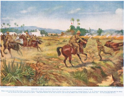 Vojín C. Hull zachraňující život kapitána G.E.D. Learoyd, pod palbou, ilustrace z 