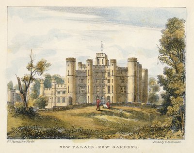 Nový palác, Kew Gardens, deska 1 z Kew Gardens: Série 24 kreseb na kameni, vyryto Charlesem Hullmandlem (1789-1850) vydáno 1820 (ručně kolorované lito) od George Ernest after Papendiek