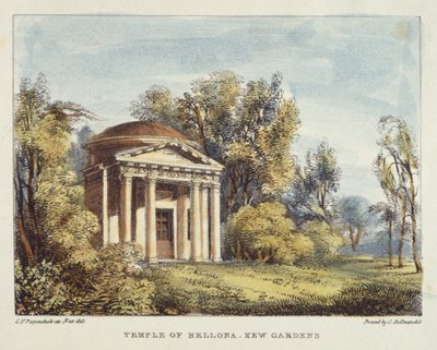 Temple of Bellona, Kew Gardens, deska 24 z Kew Gardens: Série 24 kreseb na kameni, rytý Charles Hullmandel (1789-1850) publikováno 1820 (ručně kolorované lito) od George Ernest after Papendiek