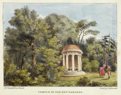 Temple of Pan, Kew Gardens, deska 12 z Kew Gardens: Série 24 kreseb na kameni, rytý Charles Hullmandel (1789-1850) publikováno 1820 (ručně kolorované lito) od George Ernest after Papendiek