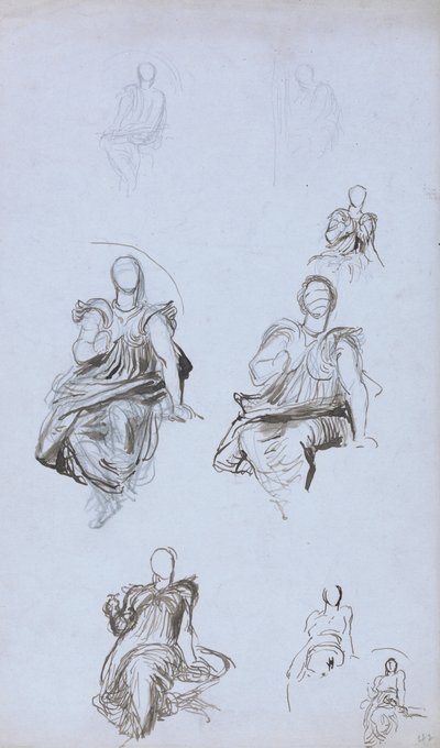 Studie sedící postavy s knihou (pero a hnědá tuš a grafit na modrém papíře) od George Frederick Watts