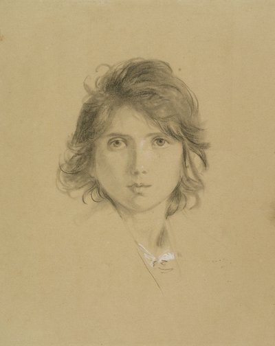 Studie na hlavu chlapce v Rolníci z Campagne během vinobraní, kolem roku 1860 (černá křída zvýrazněná bílou) od George Frederick Watts