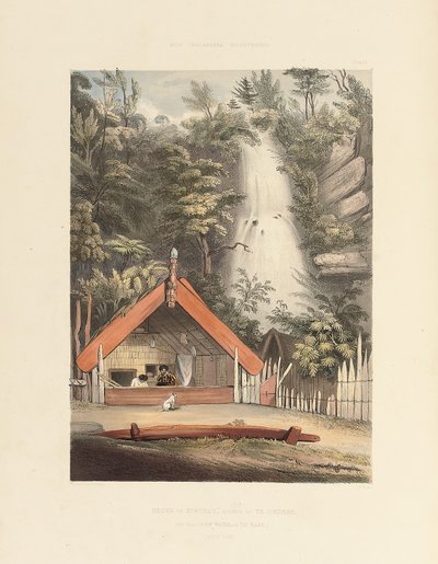 Dům Hiwikau, matky Heuneu a vodopádů Ko Waihi, v Te Rapa, deska 21 z „The New Zealanders Illustrated“, 1847 od George French Angas