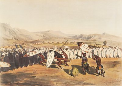 Král Mpande při přehlídce svých vojáků v Nonduengu od George French Angas