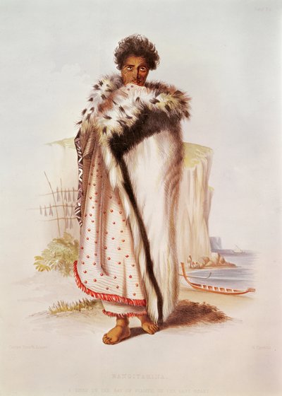 Rangitakina, náčelník Bay of Plenty na východním pobřeží, ilustrace z Nového Zélandu Ilustrováno, vyryto W. Hawkinsem, kolem roku 1845 od George French Angas