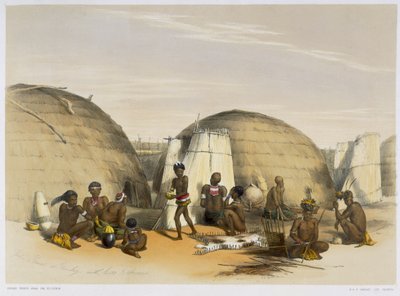 Zulu Kraal v Umlazi s chatrčemi a zástěnami, deska 21 z knihy  od George French Angas
