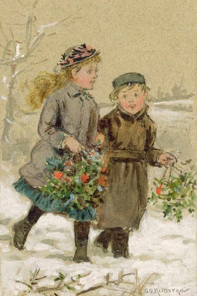 Děti si hrají ve sněhu - Sbírání Holly (Wc se zvýšenou bílou na papíře) (viz 224240 pro pár) od George Goodwin Kilburne