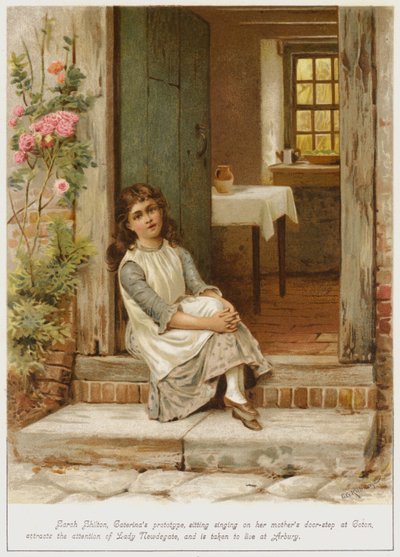 Sarah Shilton, prototyp Caterinas, sedící a zpívající na prahu svých matek v Cotonu, přitahuje pozornost lady Newdegate a je převezena do Arbury. od George Goodwin Kilburne