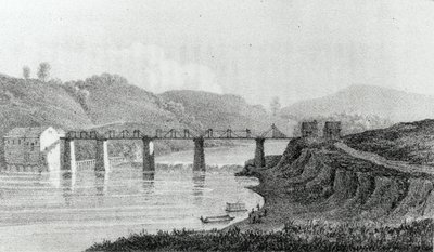 Bridge at Zanesville, Ohio, z „Návštěva Severní Ameriky a anglických osad v Illinois“ od Adlarda Welbyho, vydáno 1821 od George Harvey