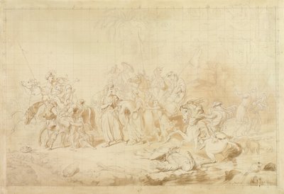 Banditti z Kurdistánu pomáhá Gruzíncům při překvapování a unášení čerkeských žen kolem roku 1827-28 (pero a hnědý inkoust na tkaném papíře) od George Hayter
