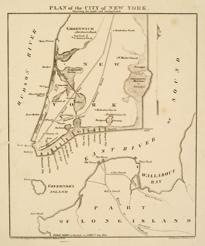 Plán města New York zobrazující vytvořené [sic] a bažiny, 1856 (černý inkoust na papíře) od George Hayward