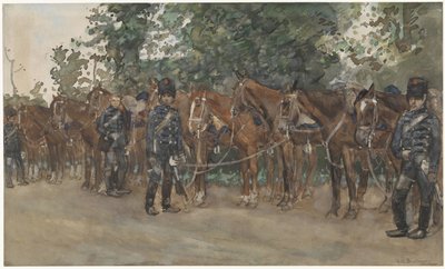 Husaři stojící vedle svých koní na kraji silnice od George Hendrik Breitner