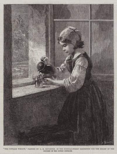 The Cottage Window, výstava na Suffolk Street pro úlevu v nouzi v Cotton Districts od George Henry Boughton