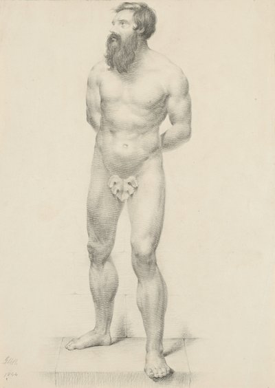 Bez názvu - Stojící mužský akt s fíkovým listem, 1844 (grafit na leštěném papíře) od George Henry Hall