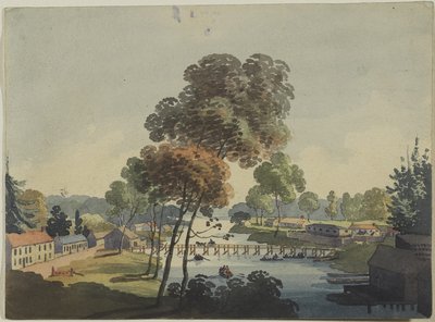 Vesnice Chippawa poblíž vodopádů Niagara, kolem roku 1801 (wc na tkaném papíře) od George Heriot