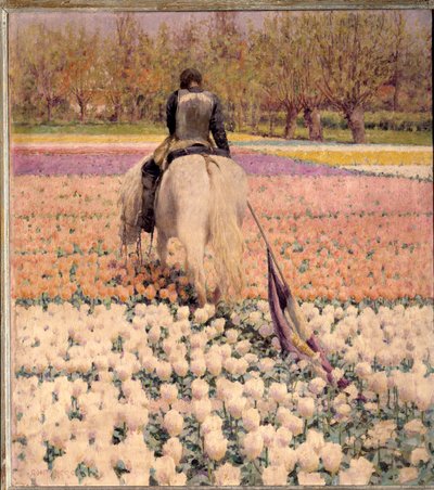 Poražený Postřelený jezdec přejede po porážce pole tulipánů. Obraz George Hitchcocka (1850-1913) (odp.) 1898 Ne. 1x0,9 m Paříž, musee d
