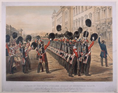 Parade of the Scots Fusilier Guards v Buckinghamském paláci ráno v den jejich odjezdu do Seat of War, 2. března 1854, vyryto E. Walkerem, vydal Colnaghi und Co., 1854 od George Housman Thomas