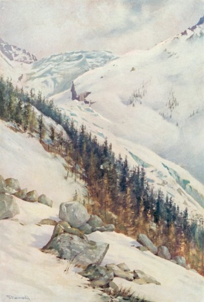 Ledovec Argentiere v zimě (barva litho) od George Jackson Flemwell