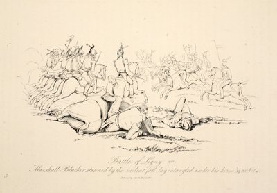 Bitva u Ligny: Marshall Blucher omráčený prudkým pádem ležel zapletený pod svým koněm, hospoda J. Booth, 1816 od George Jones