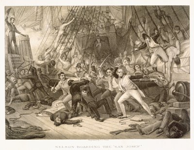 Horatio Nelson nalodění na San Josef v bitvě u Cape St Vincent, 14. února 1797, vyryto Johnem Crewem podle originálu v Greenwich Hospital Collection od George Jones