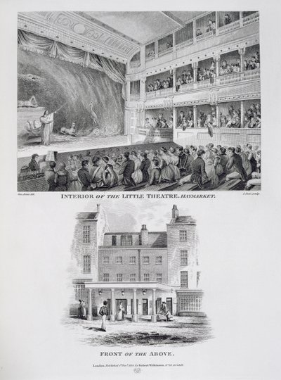 Interiér Little Theatre, Haymarket v Londýně a Front of the Above, vyrytý Jamesem Stowem (c.1770-1820) 1815 od George Jones