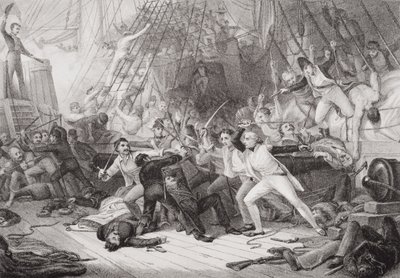 Nelson nalodění na loď San Josef v bitvě u Svatého Vincenta, 14. února 1797, z „Ilustrace anglické a skotské historie“ svazek II od George Jones