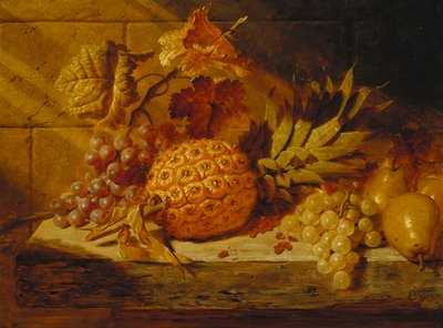 Černobílé hrozny, hrušky, červený rybíz a ananas na římse, 1845 od George Lance