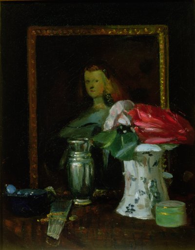 Zátiší růží, portrét, váza a vějíř od George Leslie Hunter