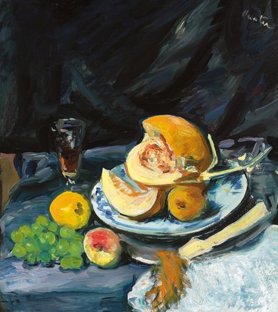 Zátiší s řezaným melounem, sklenicí a vějířem, c. 1920 od George Leslie Hunter