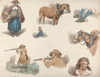 Sada pěti: Osm studií: Žena s košíkem, Blinkered Cart Horse atd. od George Morland