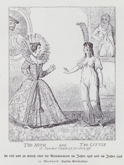 Příliš mnoho a příliš málo, letní oblečení pro roky 1556 a 1796 (litho) od George Moutard (after) Woodward