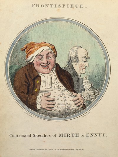 Kontrastní náčrtky Mirth and Ennui (ručně kolorovaný lept) od George Moutard Woodward