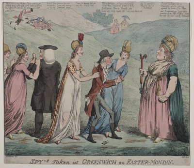 Matka Windsorová se čtyřmi kurtizánami přikazuje svým dívkám zatknout biskupa z Durhamu a vévodu z Queensbury, 1798 (barevný lept) od George Moutard Woodward